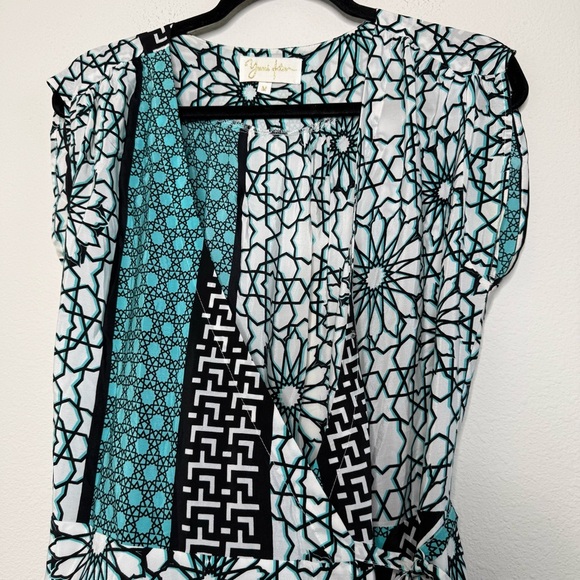 Yumi Kim Black and Teal Geometric 100% Silk Wrap Dress Size Medium - Picture 6 of 16